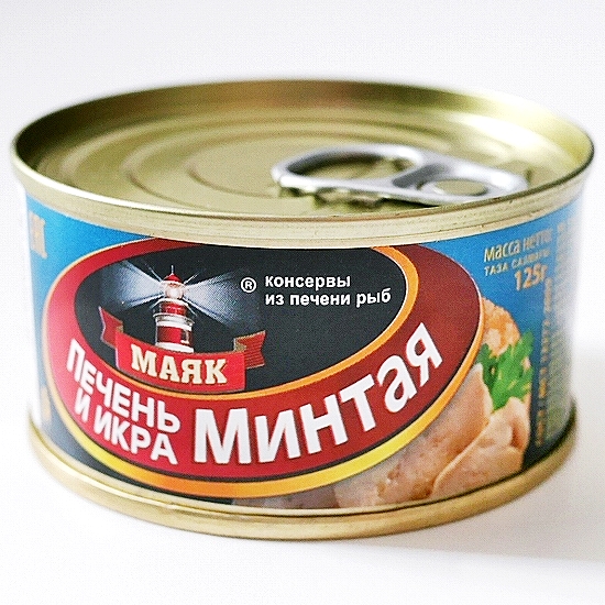 タラレバーと魚卵　タラ肝缶詰　МАЯК　ПЕЧЕНЬ И ИКРА минтая　125ｇ