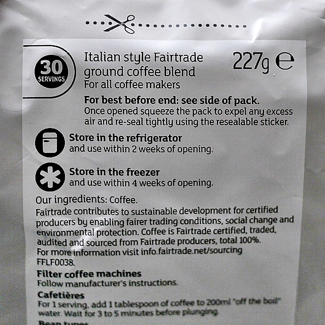 セインズベリーズ　イタリアンスタイルコーヒー　ミディアムストロング　強さ4　Sainsbury's  227gの口コミ